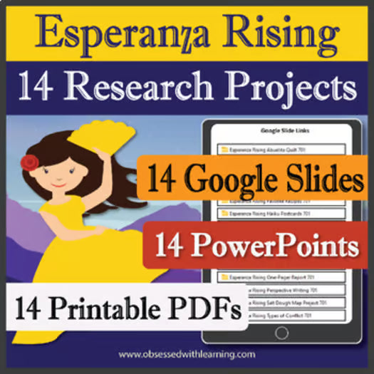 Esperanza Rising Activities, 14 Research Projects, PBL, Rubrics, Google Slide