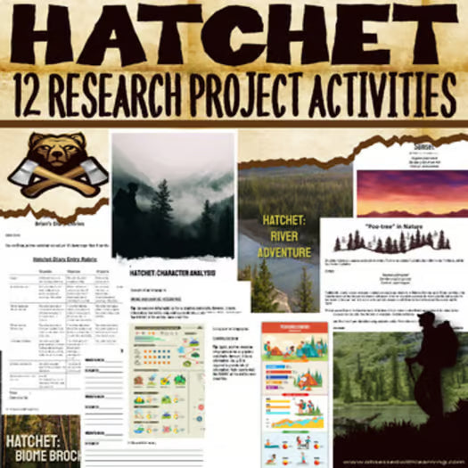 Hatchet Novel Study Activities, 12 Research Projects, STEM, Rubrics, STEAM